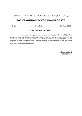 Proposal from the New Mangalore Port Trust for Revision of Lease Rentals of Port Land Allotted NMPT-G184-107-2010