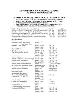 Secondary School Admissions Fairs and Open Houses 2019-2020