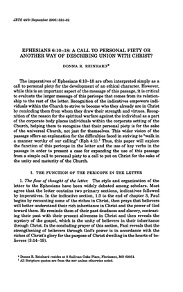 Ephesians 6:10-18: a Call to Personal Piety Or Another Way of Describing Union with Christ?