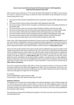 (E-Scooters Traffic Regulation) Experimental Amendment Order 2021 Devon County