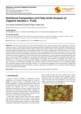 Nutritional Composition and Fatty Acids Analysis of Capparis Decidua L. Fruits