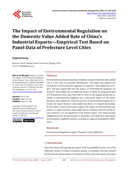 The Impact of Environmental Regulation on the Domestic Value Added Rate of China’S Industrial Exports—Empirical Test Based on Panel Data of Prefecture Level Cities