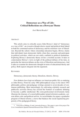 Democracy As a Way of Life: Critical Reflections on a Deweyan Theme