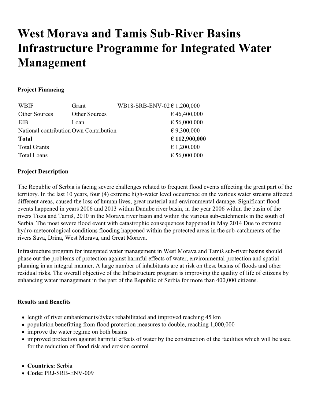 West Morava and Tamis Sub-River Basins Infrastructure Programme for Integrated Water Management