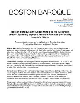 Boston Baroque Announces Third Pop-Up Livestream Concert Featuring Soprano Amanda Forsythe Performing Handel’S Gloria