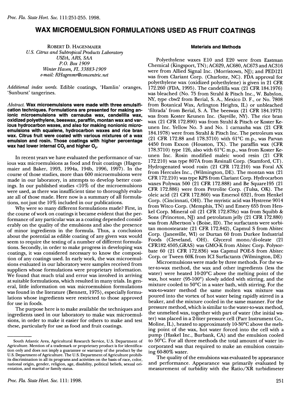 Wax Microemulsion Formulations Used As Fruit Coatings