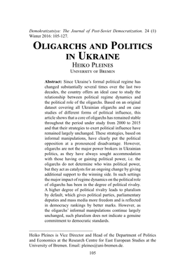 Oligarchs and Politics in Ukraine Heiko Pleines University of Bremen