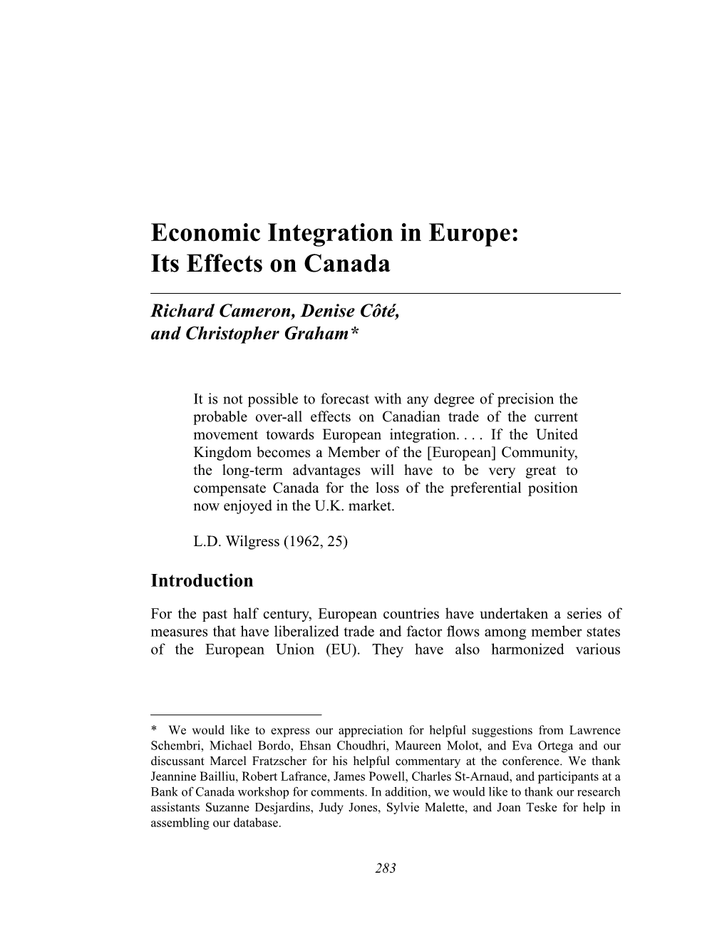 Economic Integration in Europe: Its Effects on Canada