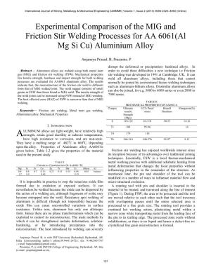 Experimental Comparison of the MIG and Friction Stir Welding Processes for AA 6061(Al Mg Si Cu) Aluminium Alloy