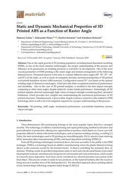 Static and Dynamic Mechanical Properties of 3D Printed ABS As a Function of Raster Angle