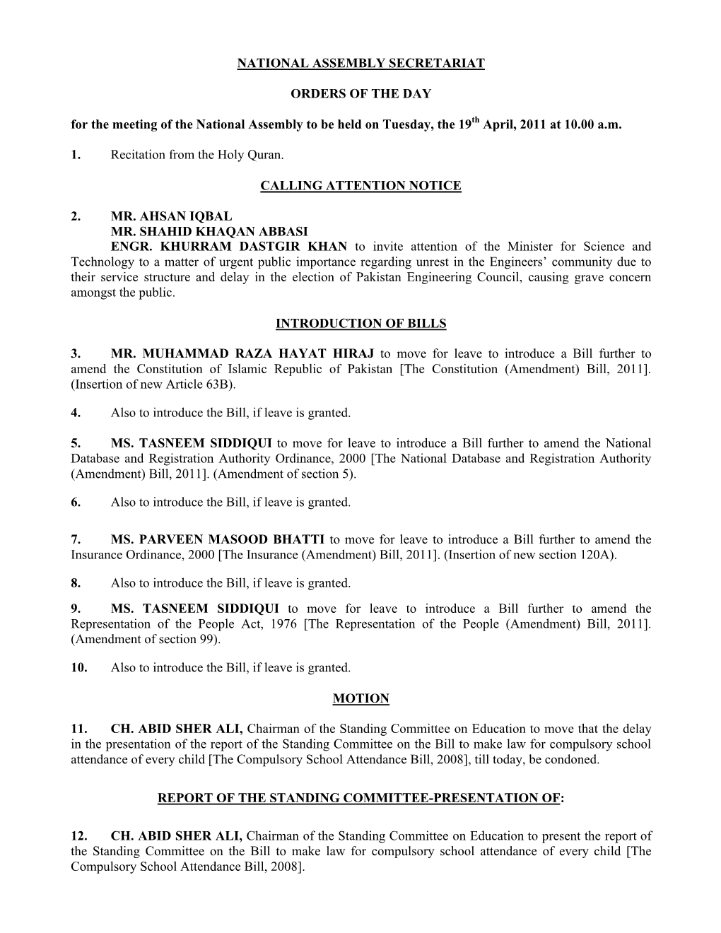 National Assembly Secretariat Orders of The