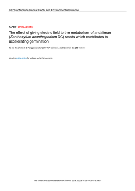 Zanthoxylum Acanthopodium DC) Seeds Which Contributes to Accelerating Germination