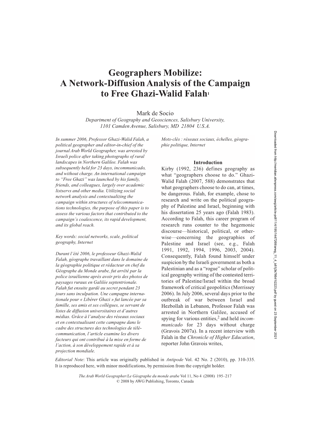 Geographers Mobilize: a Network-Diffusion Analysis of the Campaign to Free Ghazi-Walid Falah1
