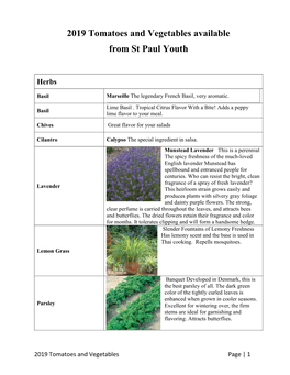 2019 Tomatoes and Vegetables Available from St Paul Youth