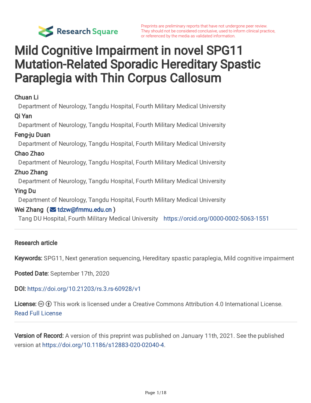 Mild Cognitive Impairment in Novel SPG11 Mutation-Related Sporadic Hereditary Spastic Paraplegia with Thin Corpus Callosum