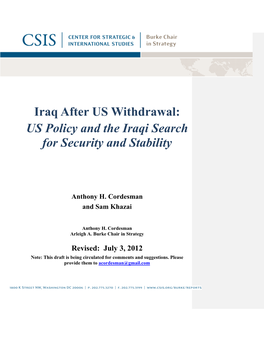 Iraq After US Withdrawal: US Policy and the Iraqi Search for Security and Stability