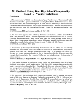 2015 National History Bowl High School Championships Round 16 – Varsity Finals Round First Quarter