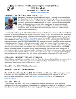Southwest Florida Archaeological Society (SWFAS) OUR 41St YEAR February 2021 Newsletter