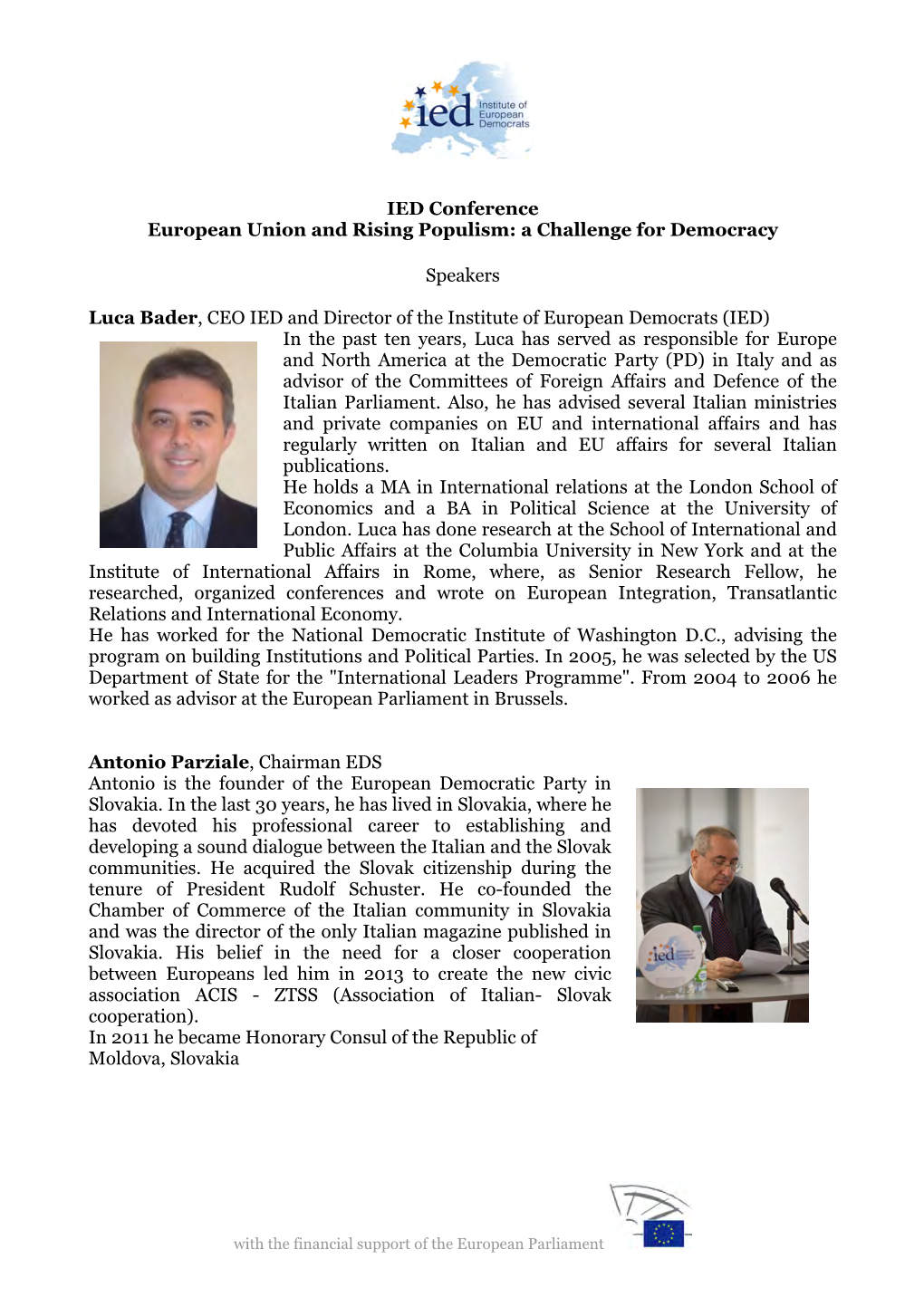 IED Conference European Union and Rising Populism: a Challenge for Democracy