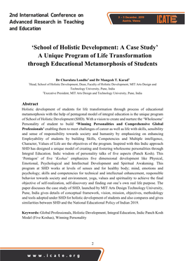 School of Holistic Development: a Case Study’ a Unique Program of Life Transformation Through Educational Metamorphosis of Students