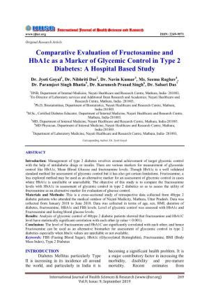 Comparative Evaluation of Fructosamine and Hba1c As a Marker of Glycemic Control in Type 2 Diabetes: a Hospital Based Study