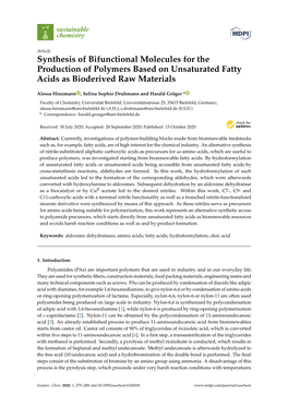 Synthesis of Bifunctional Molecules for the Production of Polymers Based on Unsaturated Fatty Acids As Bioderived Raw Materials