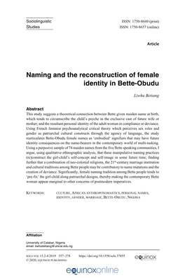 Naming and the Reconstruction of Female Identity in Bette-Obudu