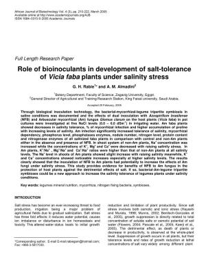 Role of Bioinoculants in Development of Salt-Tolerance of Vicia Faba Plants Under Salinity Stress
