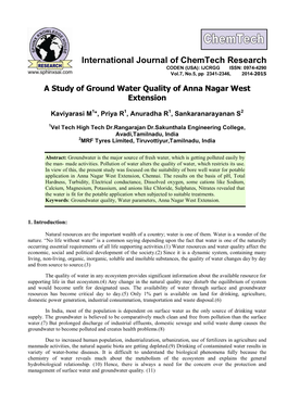 A Study of Ground Water Quality of Anna Nagar West Extension