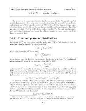 Lecture 20 — Bayesian Analysis 20.1 Prior and Posterior Distributions