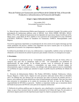 Mesa De Trabajo Por Guanacaste Para La Mejora De La Calidad De Vida, El Desarrollo Productivo E Infraestructura Y La Promoción Del Empleo