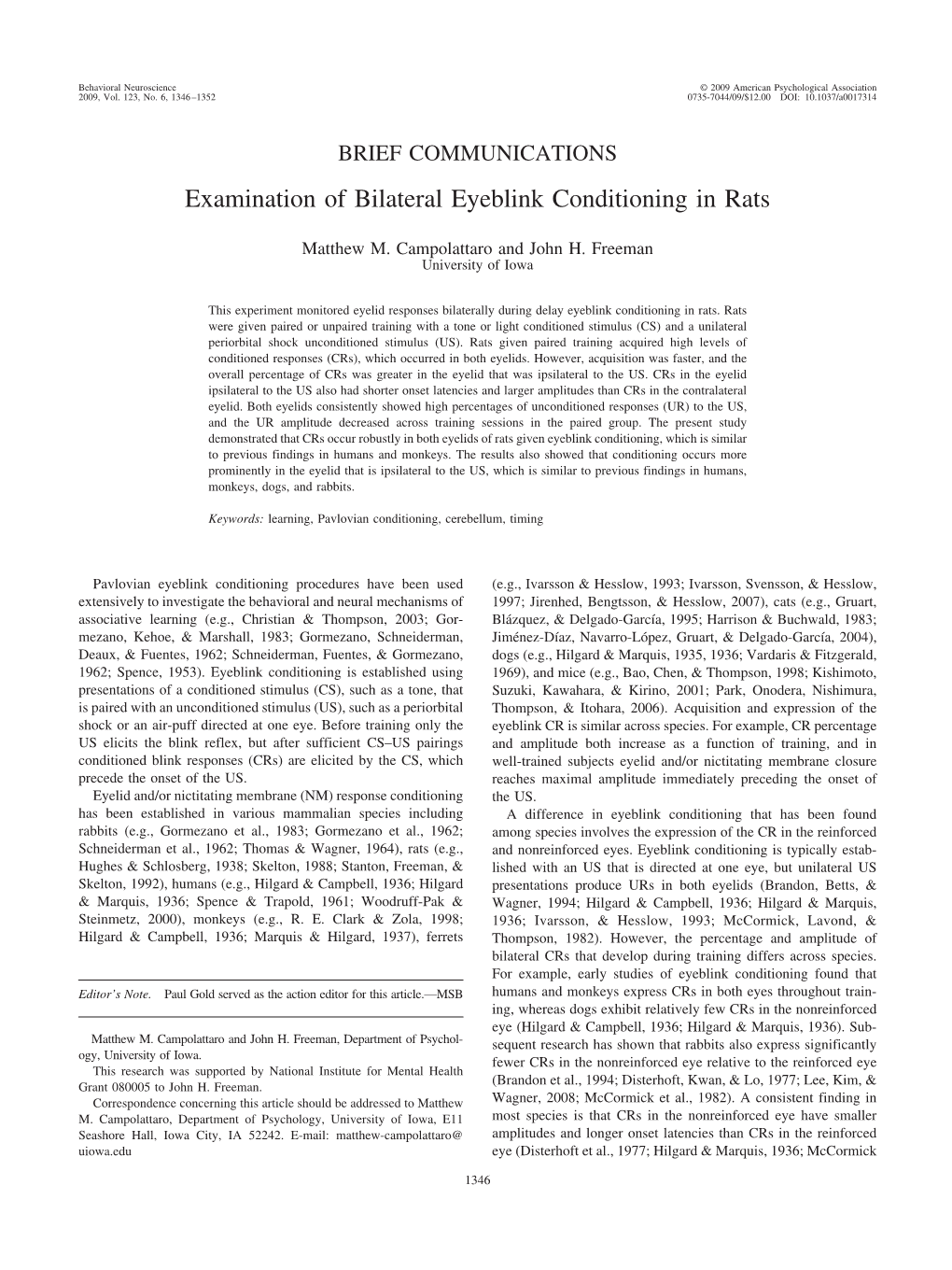 Examination of Bilateral Eyeblink Conditioning in Rats