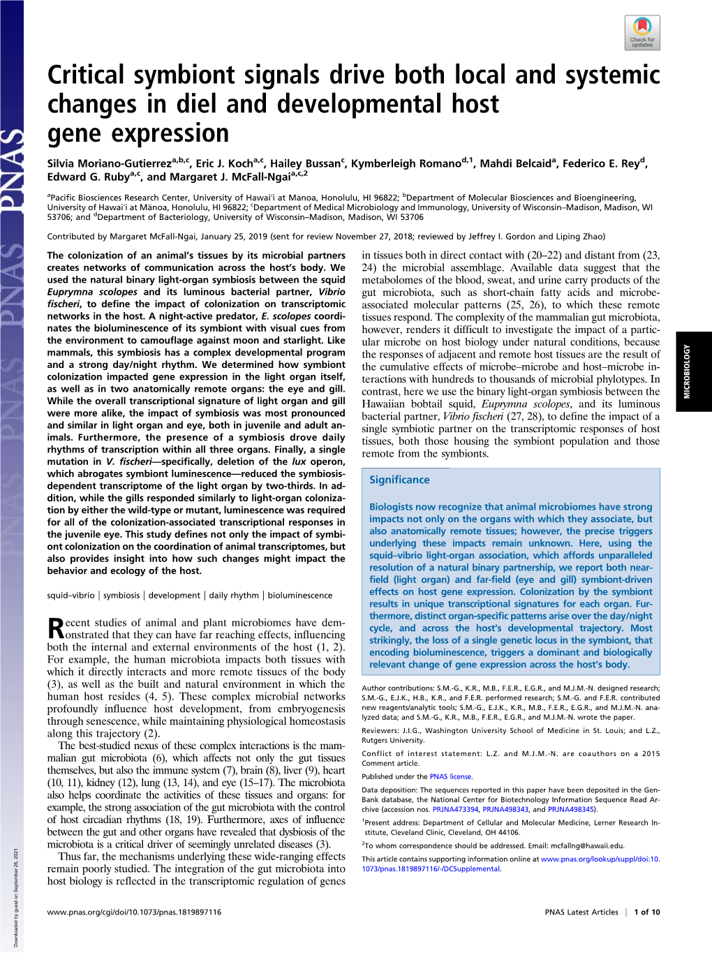 Critical Symbiont Signals Drive Both Local and Systemic Changes in Diel and Developmental Host Gene Expression