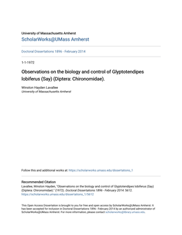 Observations on the Biology and Control of Glyptotendipes Lobiferus (Say) (Diptera: Chironomidae)