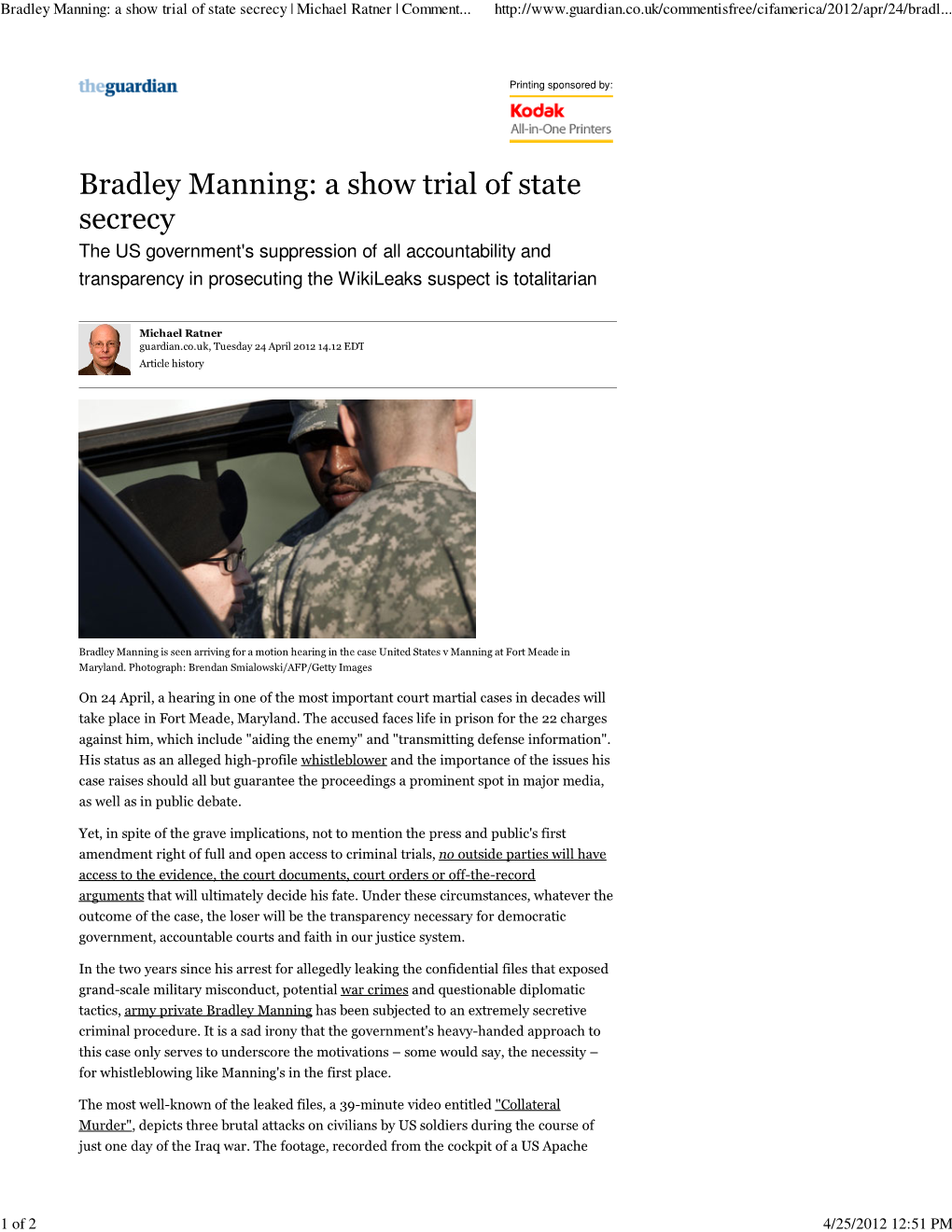 Bradley Manning: a Show Trial of State Secrecy | Michael Ratner | Comment