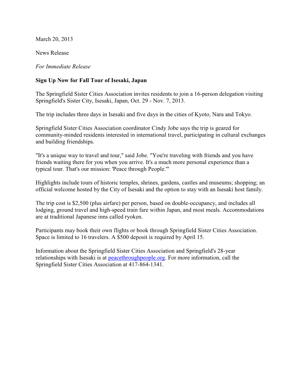 March 20, 2013 News Release for Immediate Release Sign Up