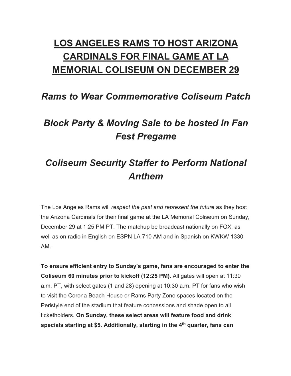 LOS ANGELES RAMS to HOST ARIZONA CARDINALS for FINAL GAME at LA MEMORIAL COLISEUM on DECEMBER 29 Rams to Wear Commemorative Coli