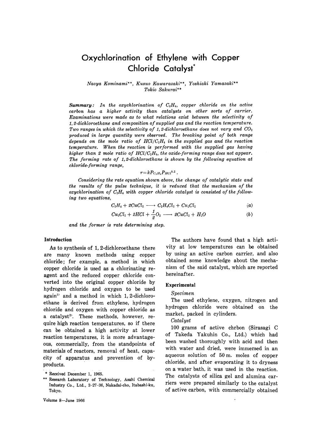 Oxychlorination of Ethylene with Copper Chloride Catalyst*