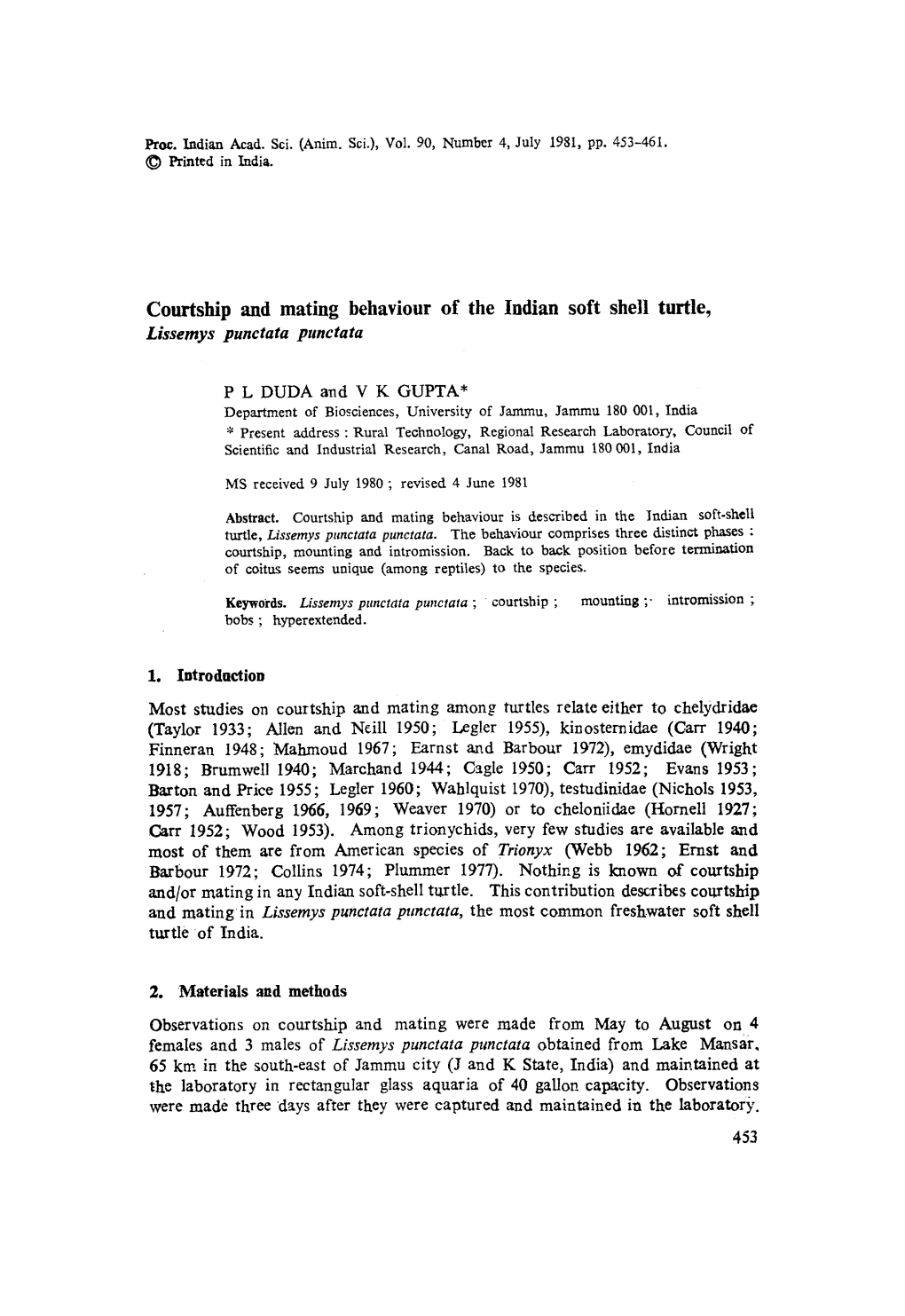 Courtship and Mating Behaviour of the Indian Soft Shell Turtle, Lissemys Punctata Punctata