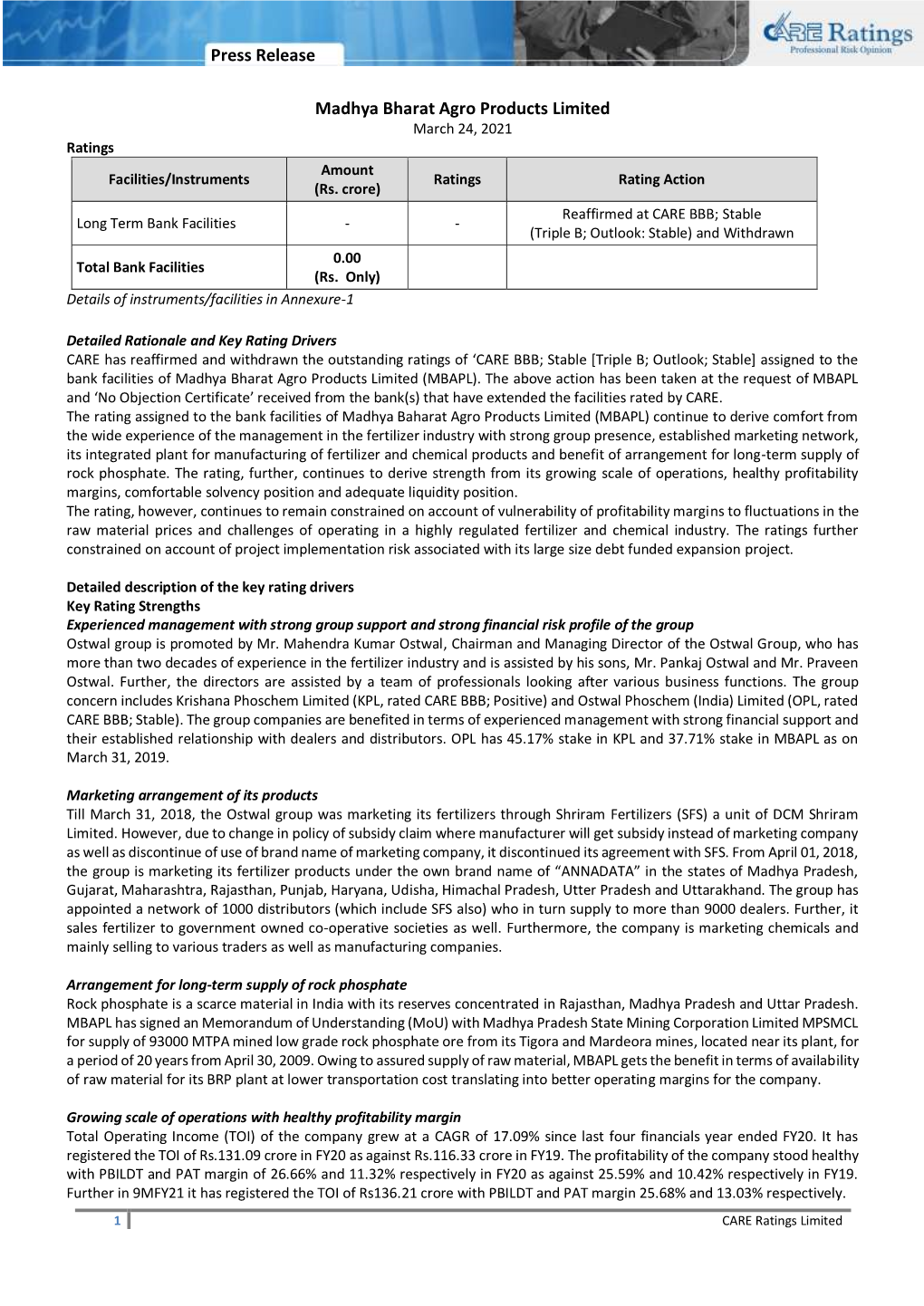 Press Release Madhya Bharat Agro Products Limited