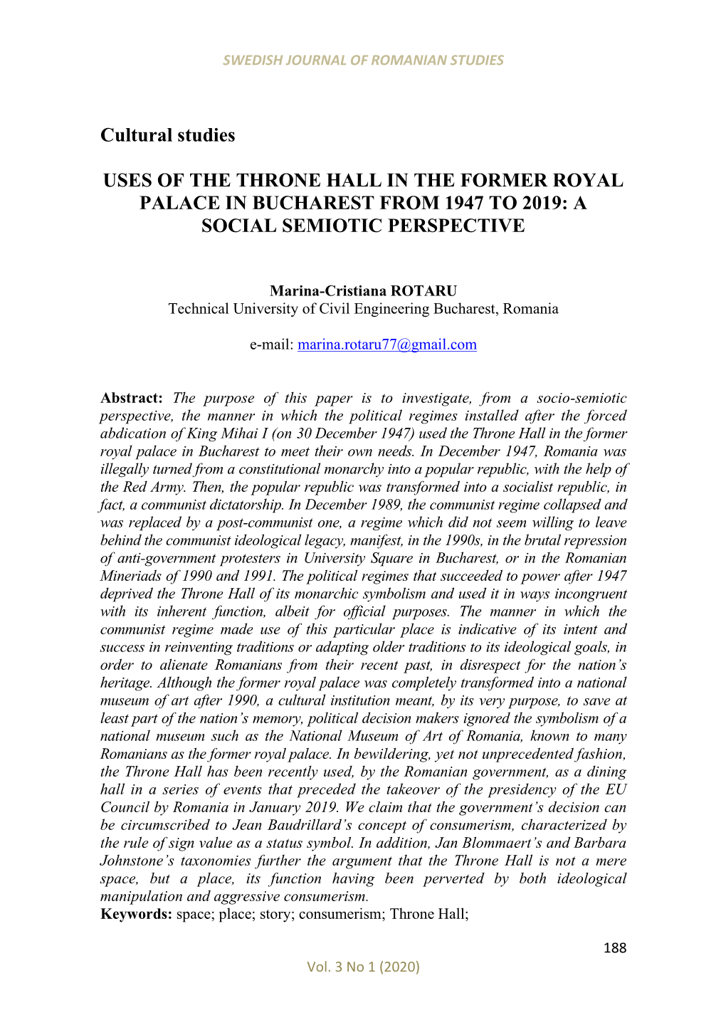 Cultural Studies USES of the THRONE HALL in the FORMER