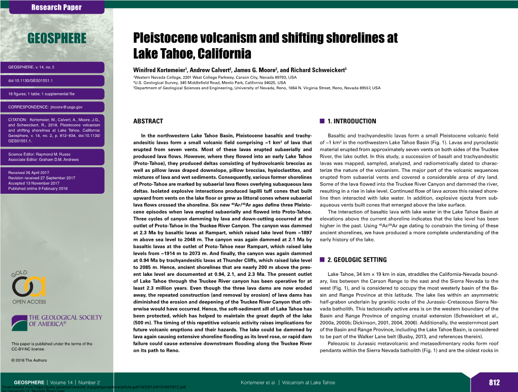 Pleistocene Volcanism and Shifting Shorelines at Lake Tahoe, California GEOSPHERE, V