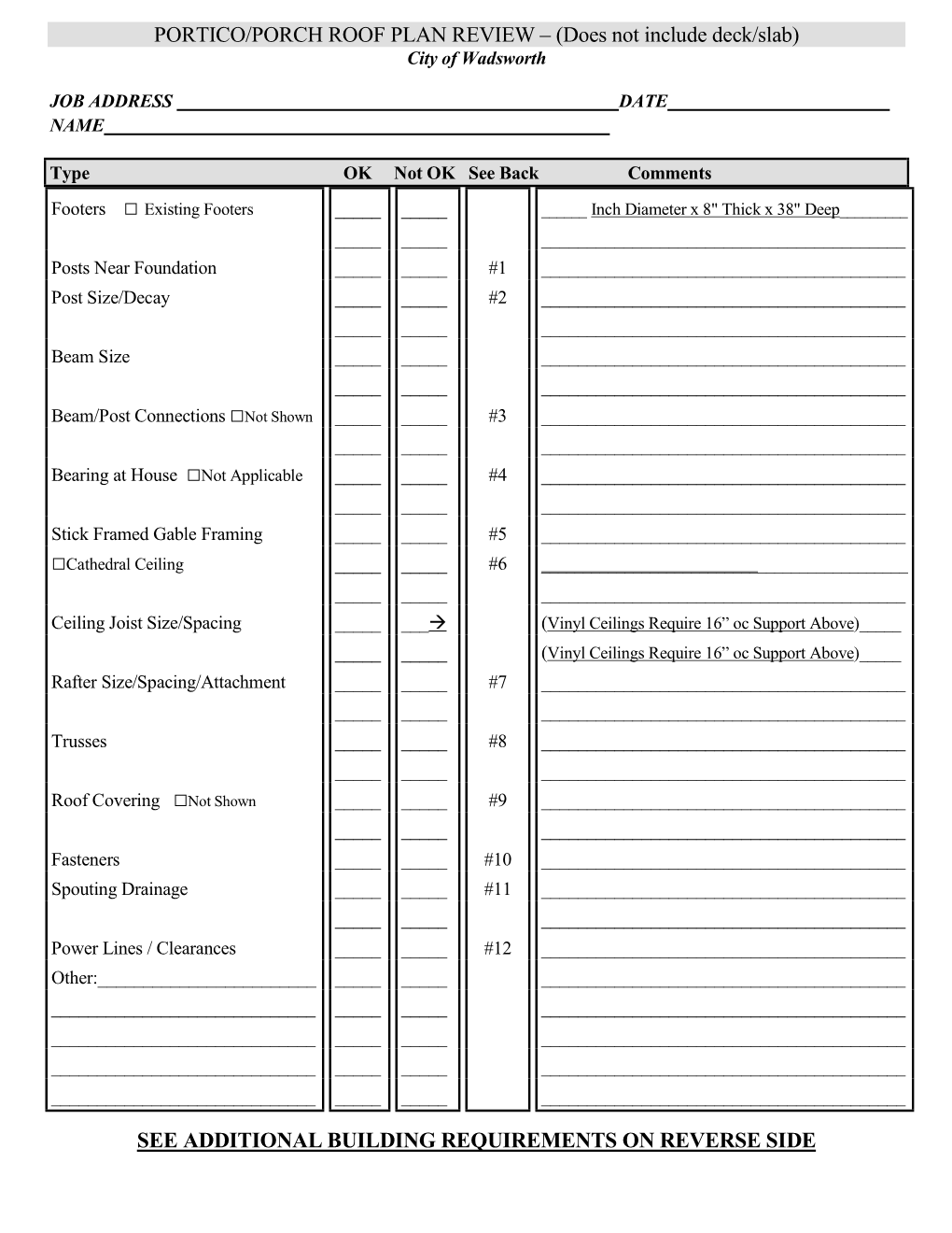 PORTICO/PORCH ROOF PLAN REVIEW – (Does Not Include Deck/Slab) SEE ADDITIONAL BUILDING REQUIREMENTS on REVERSE SIDE