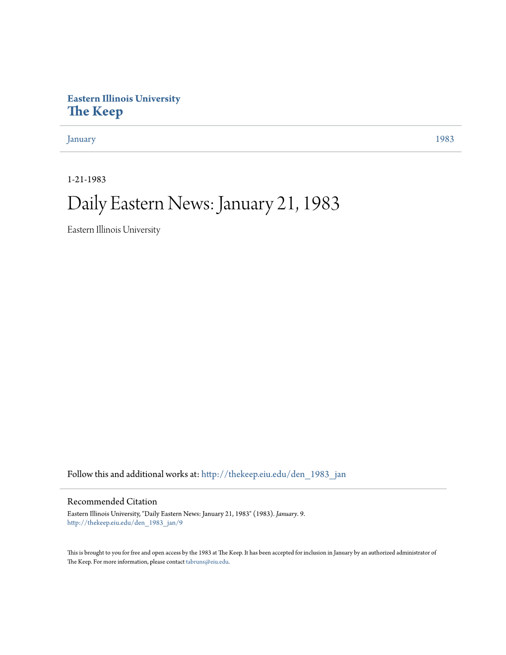 Eastern News: January 21, 1983 Eastern Illinois University