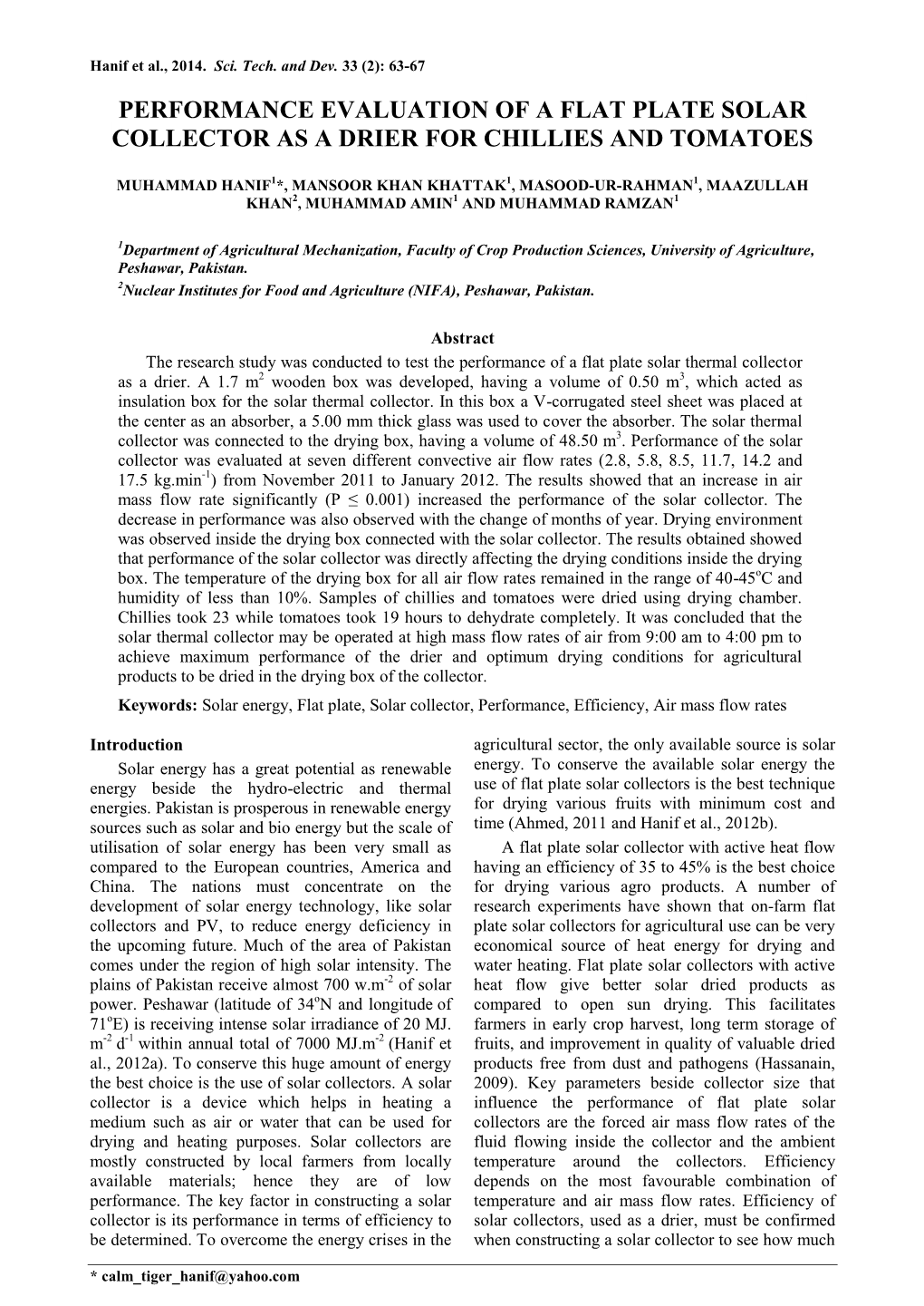 Performance Evaluation of a Flat Plate Solar Collector As a Drier for Chillies and Tomatoes