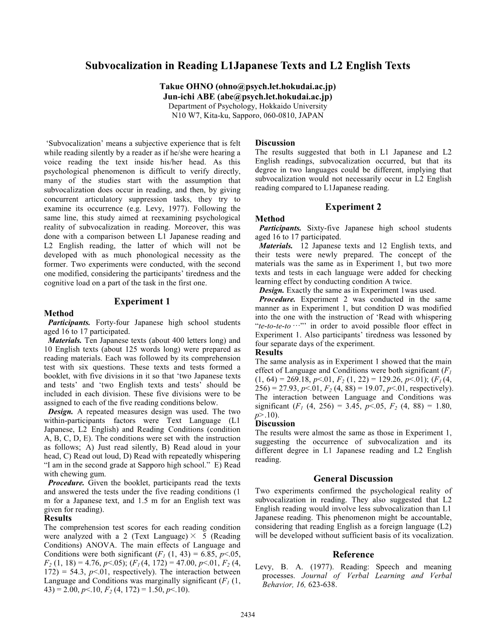 Subvocalization in Reading L1japanese Texts and L2 English Texts