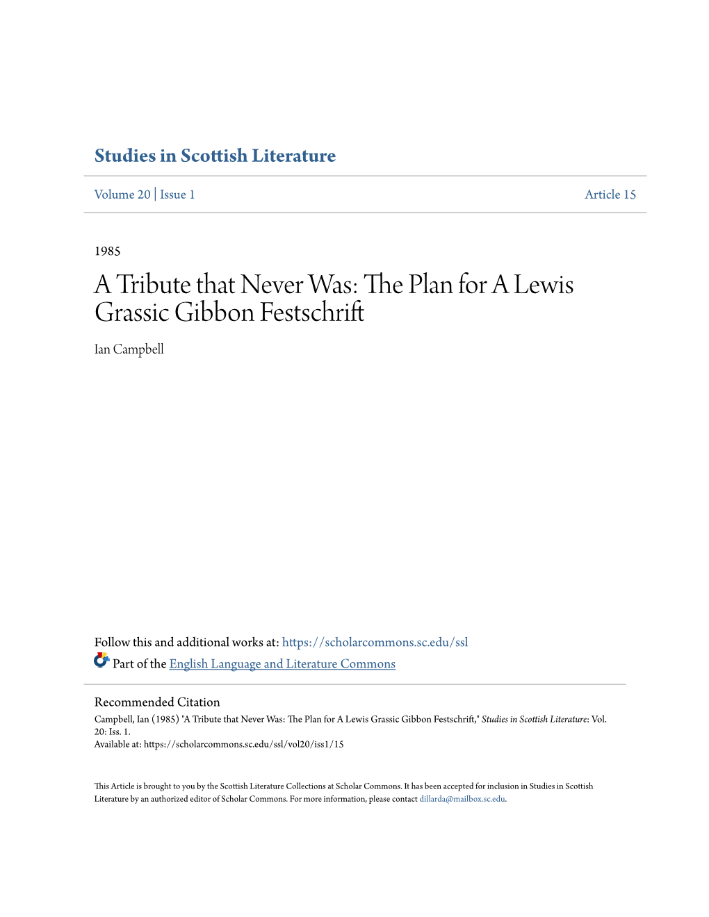 The Plan for a Lewis Grassic Gibbon Festschrift