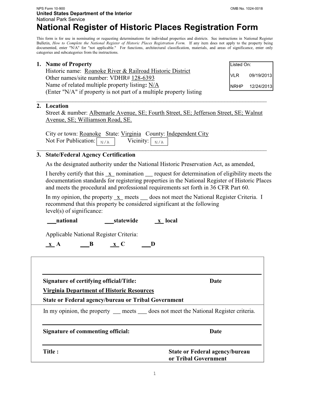 United States Department of the Interior National Park Service National Register of Historic Places Registration Form