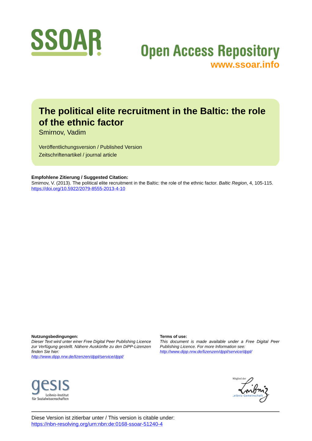 The Political Elite Recruitment in the Baltic: the Role of the Ethnic Factor Smirnov, Vadim