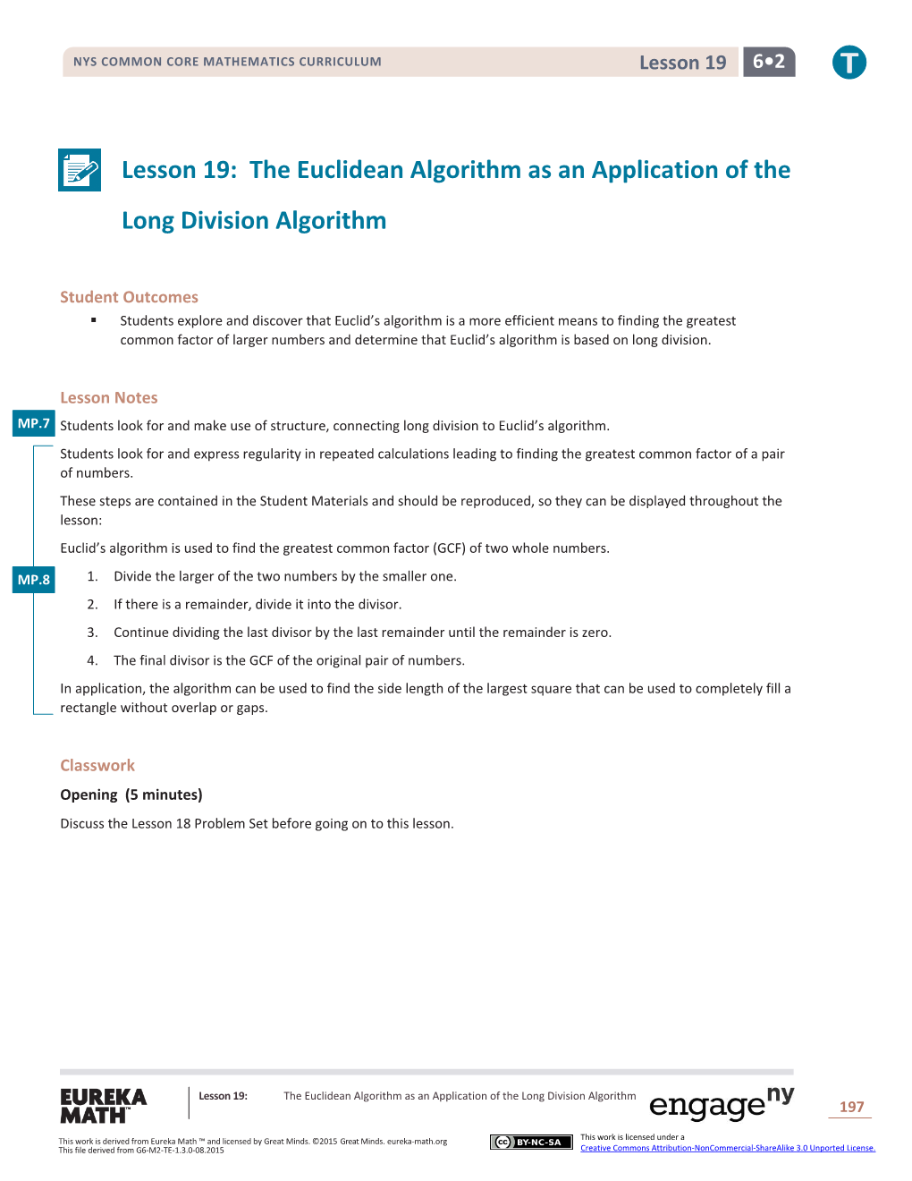 Lesson 19: the Euclidean Algorithm As an Application of the Long Division Algorithm